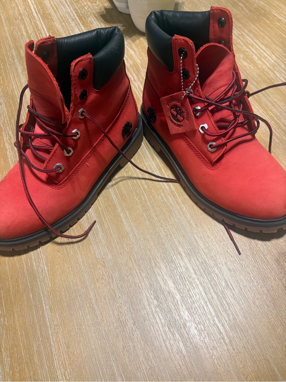 Timberland Men's Red Leather Lace-Up Work Boots with Black Collar